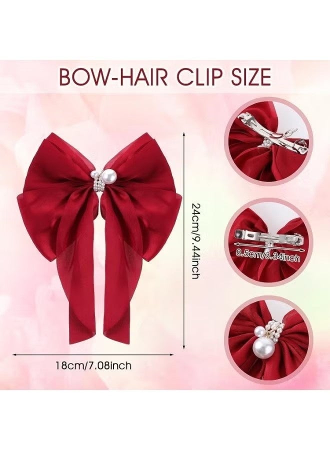 ربطات شعر من الساتان الحريري، ربطتان من اللؤلؤ، شريط للشعر، ربطات شعر حريرية للنساء، مشابك شعر فرنسية، مشبك شعر، دبابيس شعر للنساء، إكسسوارات شعر كاواي لطيفة وجميلة (أحمر + أسود) - Image 3